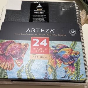 Arteza 24 Inkonic Pen Set & Arteza Spiral Bond 2 pk 100 sheet ea 9X12” Sketch bk